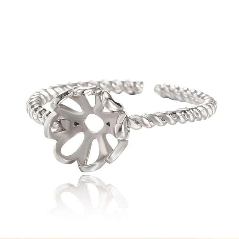 7x7mm S925 Sterling Silver Adjustable Blank Flower Ring Base For Cabochons Cameo Ring Jewelry Findings Making Accessories