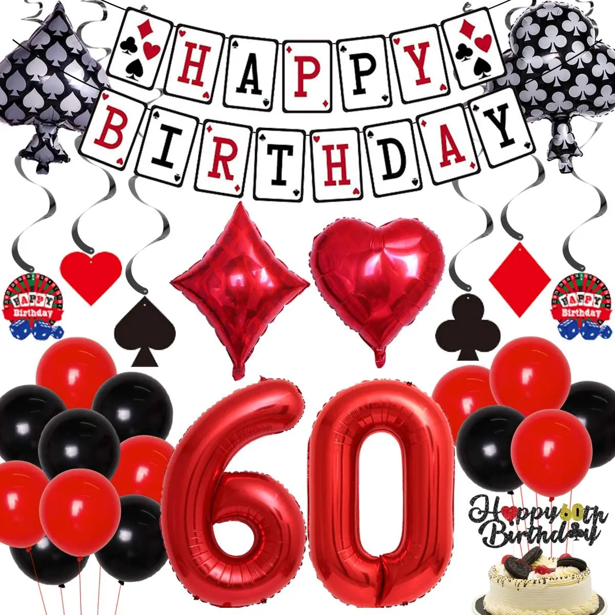 

Poker Themed Birthday Kit Adult Casino Night Hanging Swirl Digital Foil Balloons Mens Womens 50/60th Birthday Party Decorations
