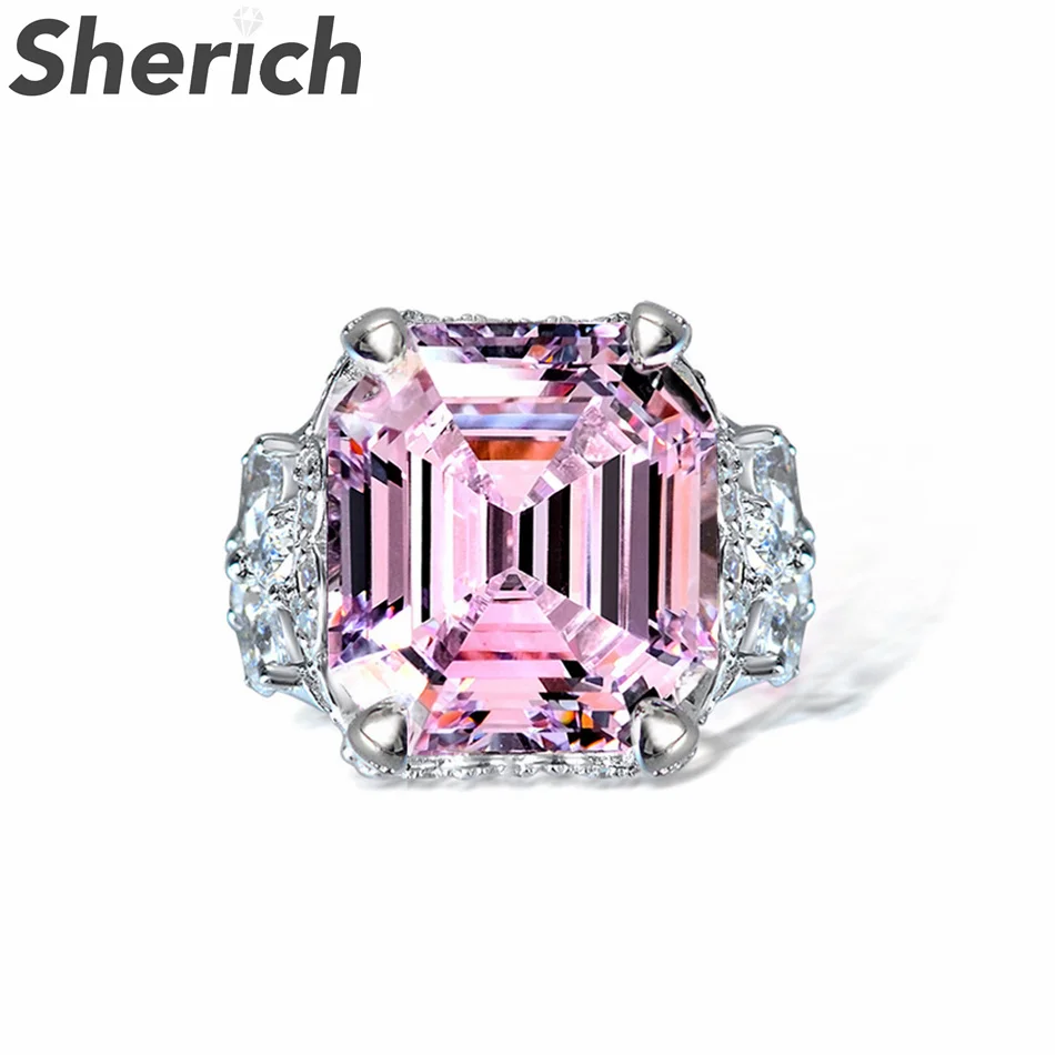

Sherich 2022 New Pink Rectangle High Carbon Diamond 100% 925 Sterling Silver Side Flower Charming Ring Women Fine Brand Jewelry
