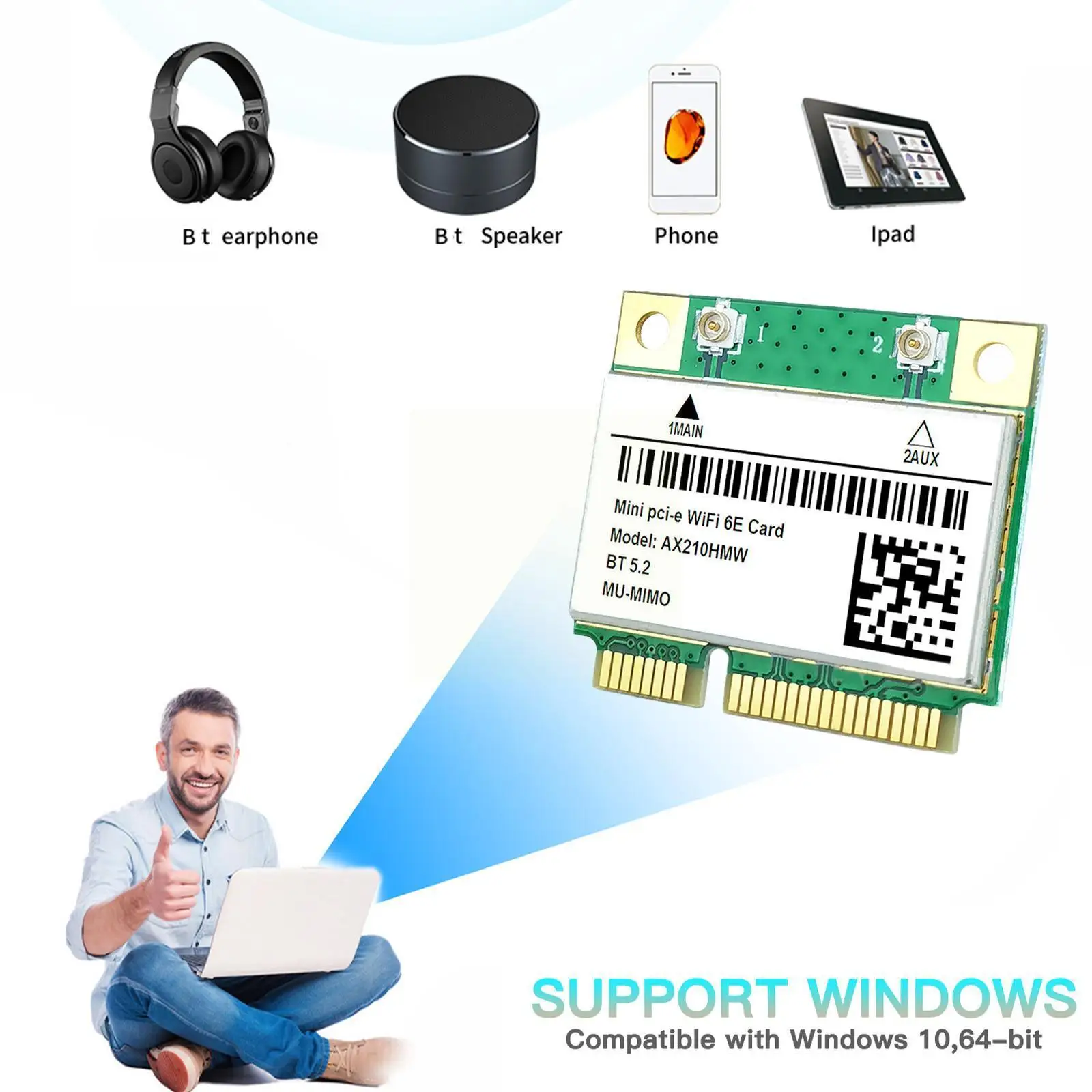 

5374 Мбит/с Wi-Fi 6E для AX210 Mini PCIE Wi-Fi карта для Bluetooth 5,2 802.11AX 2,4G/5G/6 ГГц Wlan сетевая карта адаптер для Windows V9J2