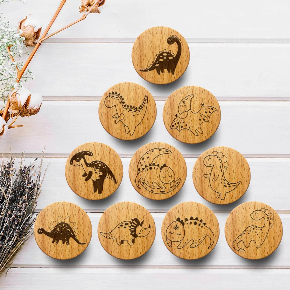 

New Engraved Dinosaur Wooden Drawer Knob Boho Nursery Cabinet Pulls Nature Wood Coat Hook Children's Room Furniture Handles