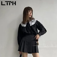 ltph vintage blouses women shirt peter pan collar lace splicing single breasted long sleeve top black shirts 2022 spring new