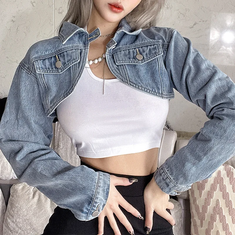 

Women's Denim Jackets Female Casual Long Sleeve Lapel Short Jean Jacket Girls Y2K Streetwear Spring Shawl Blouse Solid Slim Coat