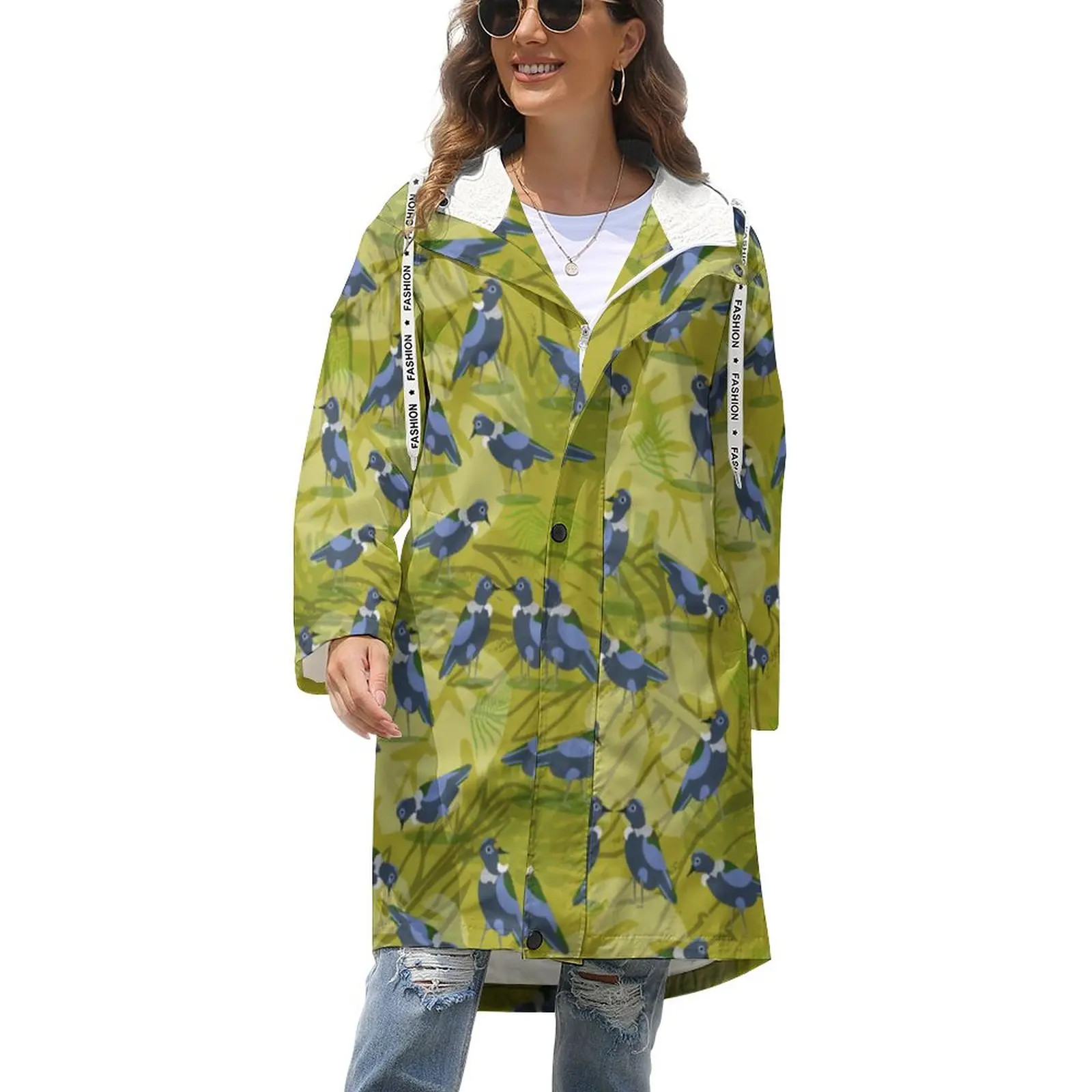 

Vintage Birds Print Winter Coat Woman Green Leaves Waterproof Thick Trench Coats Street Wear Pattern Outdoor Windbreaker 4XL 5XL