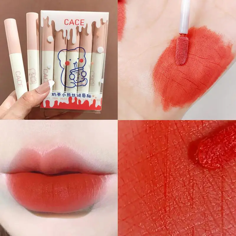

Red Lip Tint Mud Liquid Lipstick Velvet Matte Lipstick Lip Glaze Gift Set Moisturizing Lipstick 5pcs Set Milk Tea Bear Lipgloss