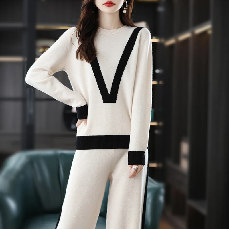 

2022 Autumn and Winter New Cashmere Wool Knitted Suit Women's Two-piece Fashion Sweater Round Neck Casual Wide Leg Pants Trendy