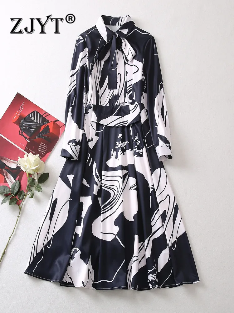 ZJYT Runway 2023 Spring Abstract Print Midi Shirt Dress Long Sleeve Women Fashion Designer Casual Holiday Vestidos Elegant Robes