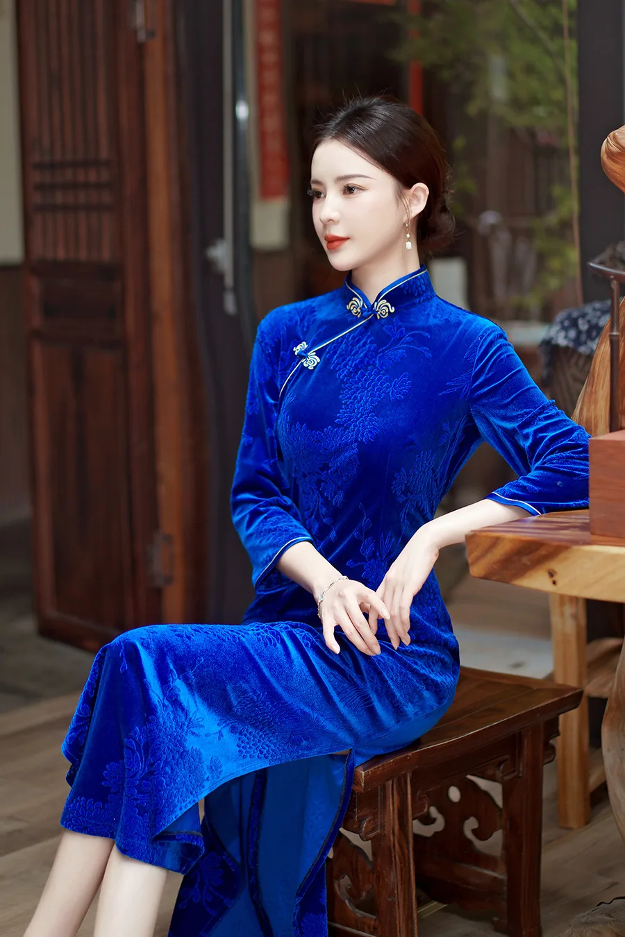 Женское осенне-зимнее велюровое длинное винтажное свадебное платье в китайском