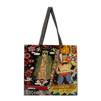 mayan oil painting linen fabric casual handbag foldable shopping bag reusable beach bag womens shoulder bag