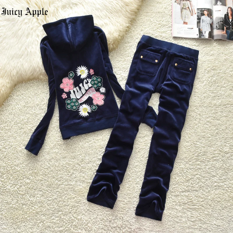 Juicy Apple Tracksuit Woman Fall Spring Embroidery Zipper Up Hooded Coats Two Piece Set Women Top And Pants Running Sets Casual