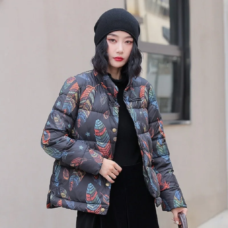 Female Ethnic Style Fashion Printing Cotton-padded Jacket Women Winter Thicker Loose Casual Stand-up Collar Retro Cotton Coat