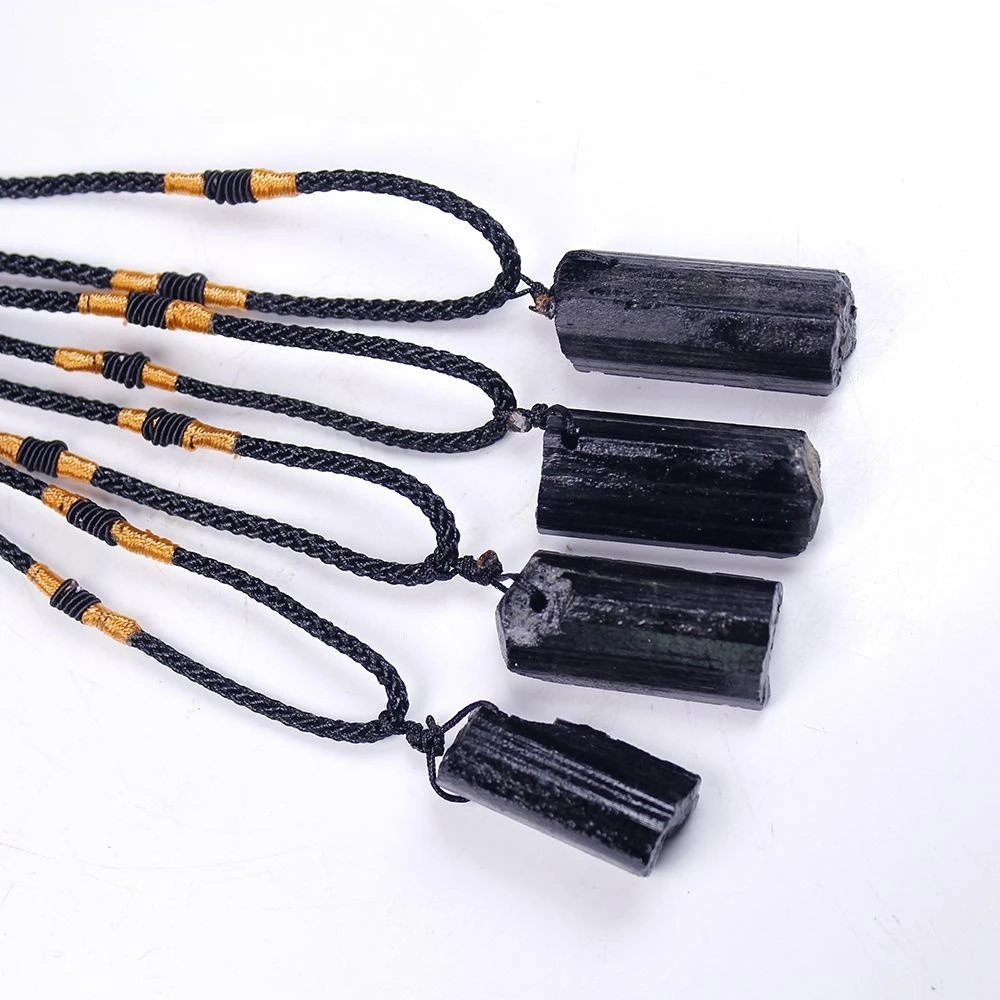 

Black Tourmaline Column Rubble Pendant Necklace Decorated With Crystal Thick black Energy Healing jewelry Gift