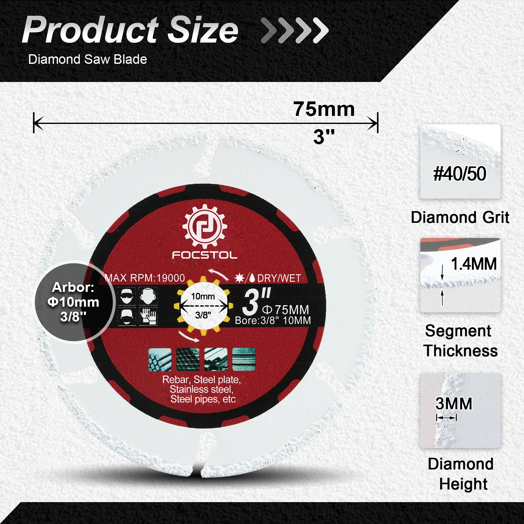FOCSTOL Алмазный отрезной диск диаметром 75 мм, пильное полотно для резки плитки, фарфора, дерева, железа, мрамора, угловая шлифовальная машина, 1 шт., режущая пластина