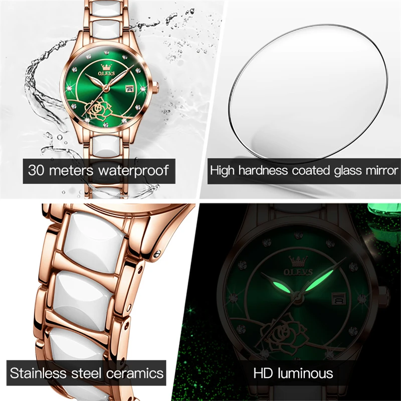 OLEVS Luxury Imported Movement Quartz Watch Bracelet Necklace Suit Womens Watches Top Brand Fashion Diamond Ceramic Wristwatch enlarge