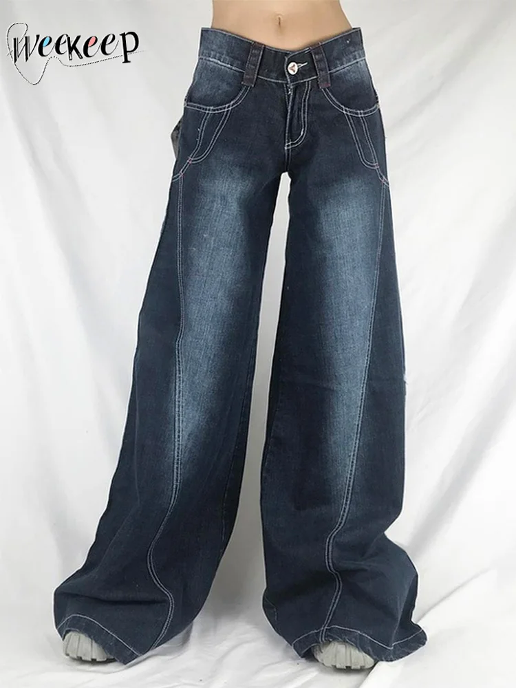

Weekeep Streetwear Wide Leg Mom Jeans Baggy Patchwork Casual Denim Cargo Pants Low Rise Oversized Women's Pants Vintage y2k Chic