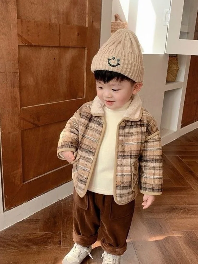 Шерстяная куртка для маленьких мальчиков осенне-зимняя новая детская утепленная