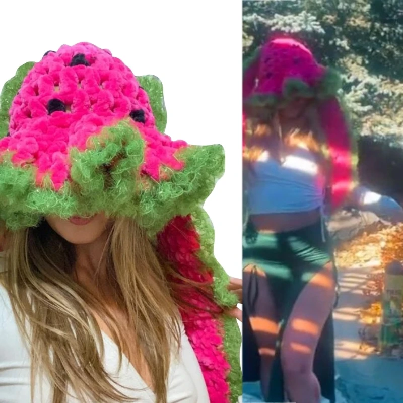 

Шляпа с напуском, забавная вязаная крючком шапка с арбузом, большая шапка для женщин и мужчин, реквизит для фотографий, шапка с ушками кролика, Хэллоуин