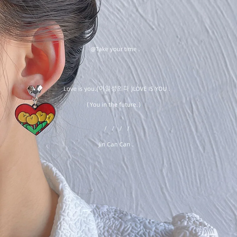 

Creative Design Cartoon Drop Glaze 925 Silver Needle Heart-shaped Earrings Ins Trendy New Ear Accessories Wholesale