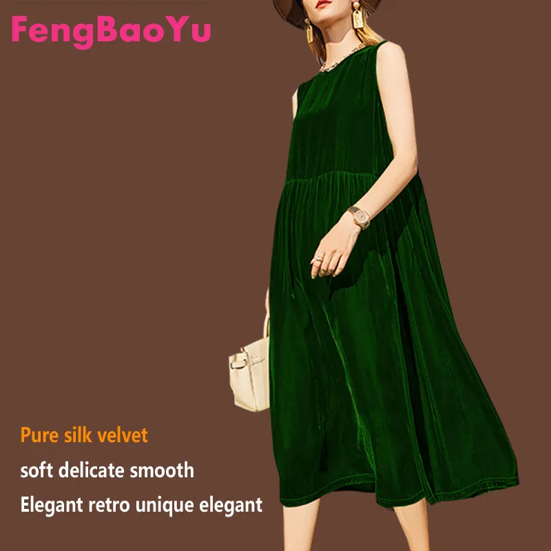 Fengbaoyu Silk Velvet Spring Summer Lady Sleeveless Vest Dress with Large Hem Medium Waist Party Dresses Women Elegant Luxury