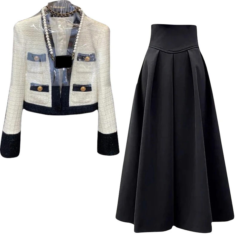 

Женский комплект из двух предметов, стильный твидовый пиджак с V-образным вырезом и юбка-трапеция с высокой талией и широкие брюки с разрезом, 2023