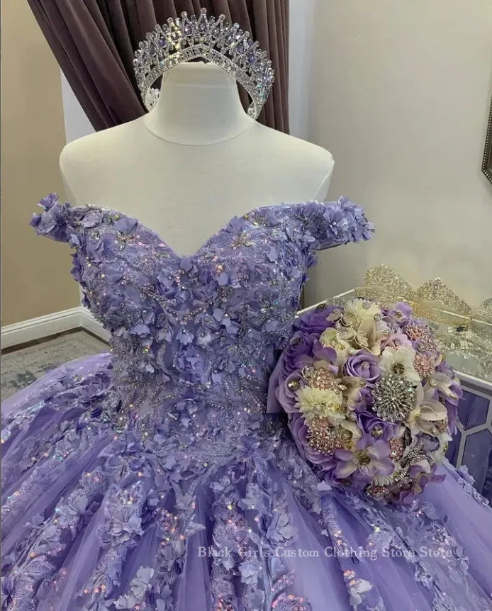 Сиреневое фиолетовое платье для Quinceanera 2024 пончо без бретелек 3D Цветочная