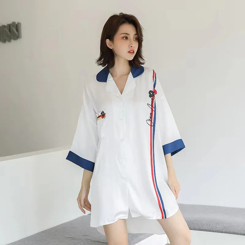 YFTNH Women Nightgown Sleepwear Nightshirts Fashion Satin Silk Soft Stripe Print Short Sleeve Mini Night Dress Summer Homewear