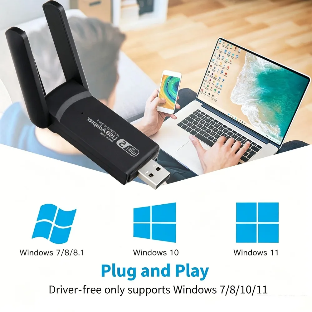 Фото USB-адаптер Wi-Fi AC1300 USB3.0 MT7612U, двухдиапазонный (2.4G/5.8G), без драйверов, Wi-Fi приемник, точка доступа, сетевая карта для ноутбуков с Windows 7/8/10/11 №3
