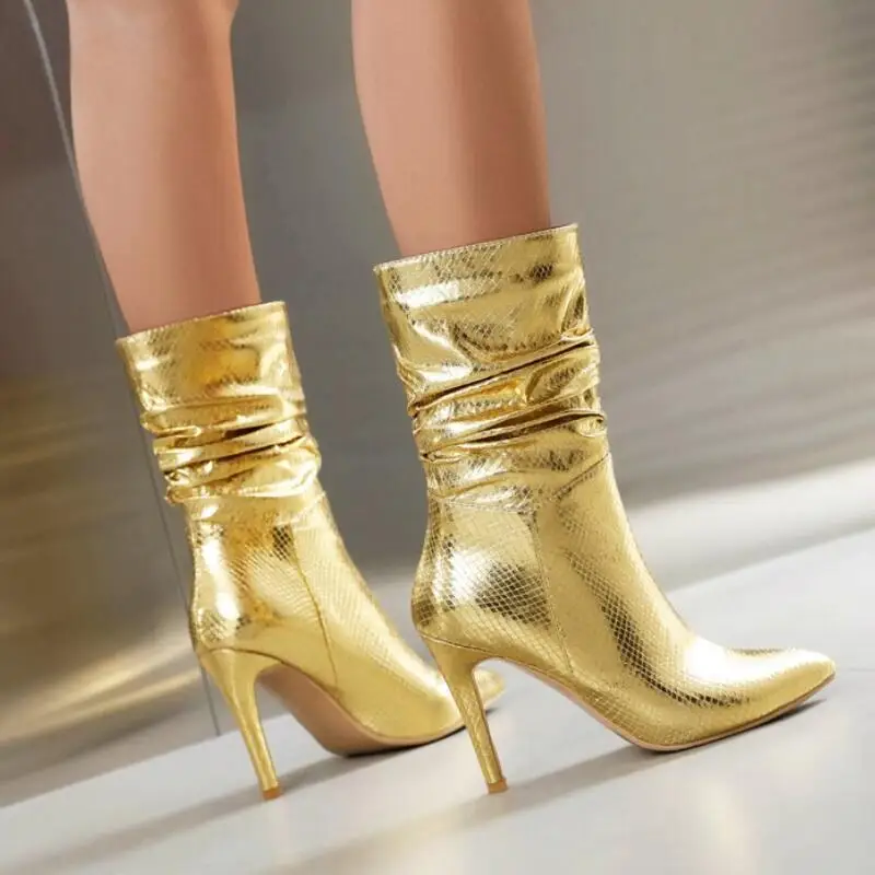 

Кожаные плиссированные короткие ботинки с тиснением и металлическим узором, Новинка осени 2023, привлекательные женские туфли на тонком высоком каблуке с острым носком, золотистые, серебристые, большие размеры 45