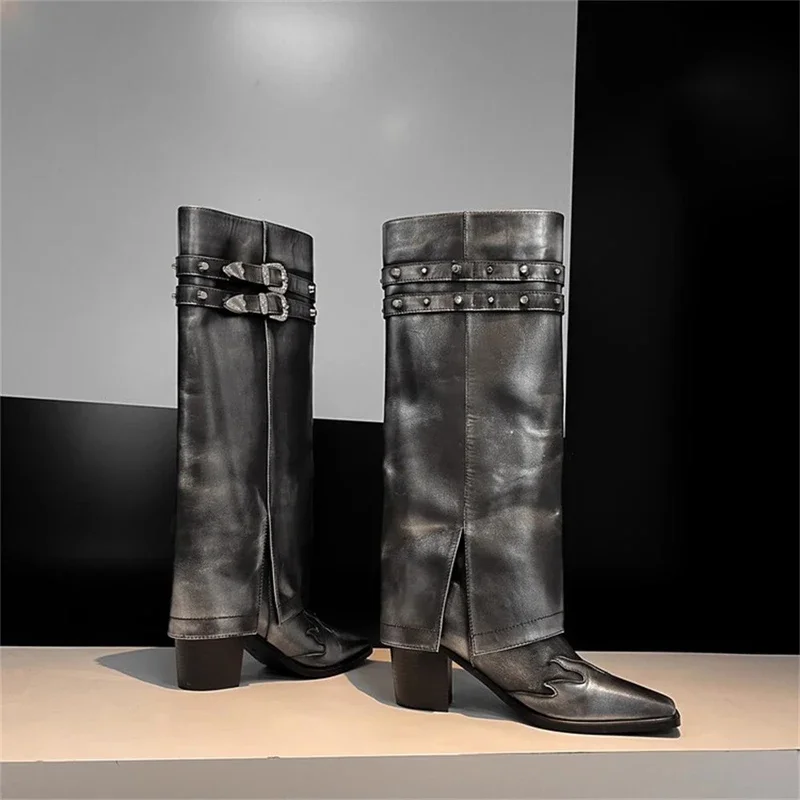 Винтажные сапоги до колена с квадратным носком и заклепками пряжкой двойным