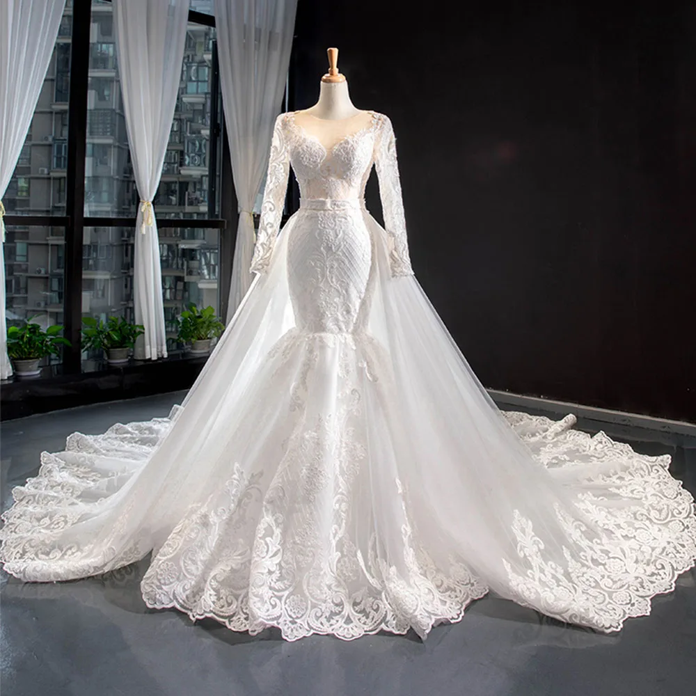 

2 Pieces Appliques Lace Long Sleeve Mermaid Wedding Dress With Detachable Chapel Train Vestido De Noiva Sereia 2 Em 1