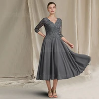 chiffon party dresses for weddings formal mother of the bride gown female tea lengh with 34 sleeves a line v neck zipper back