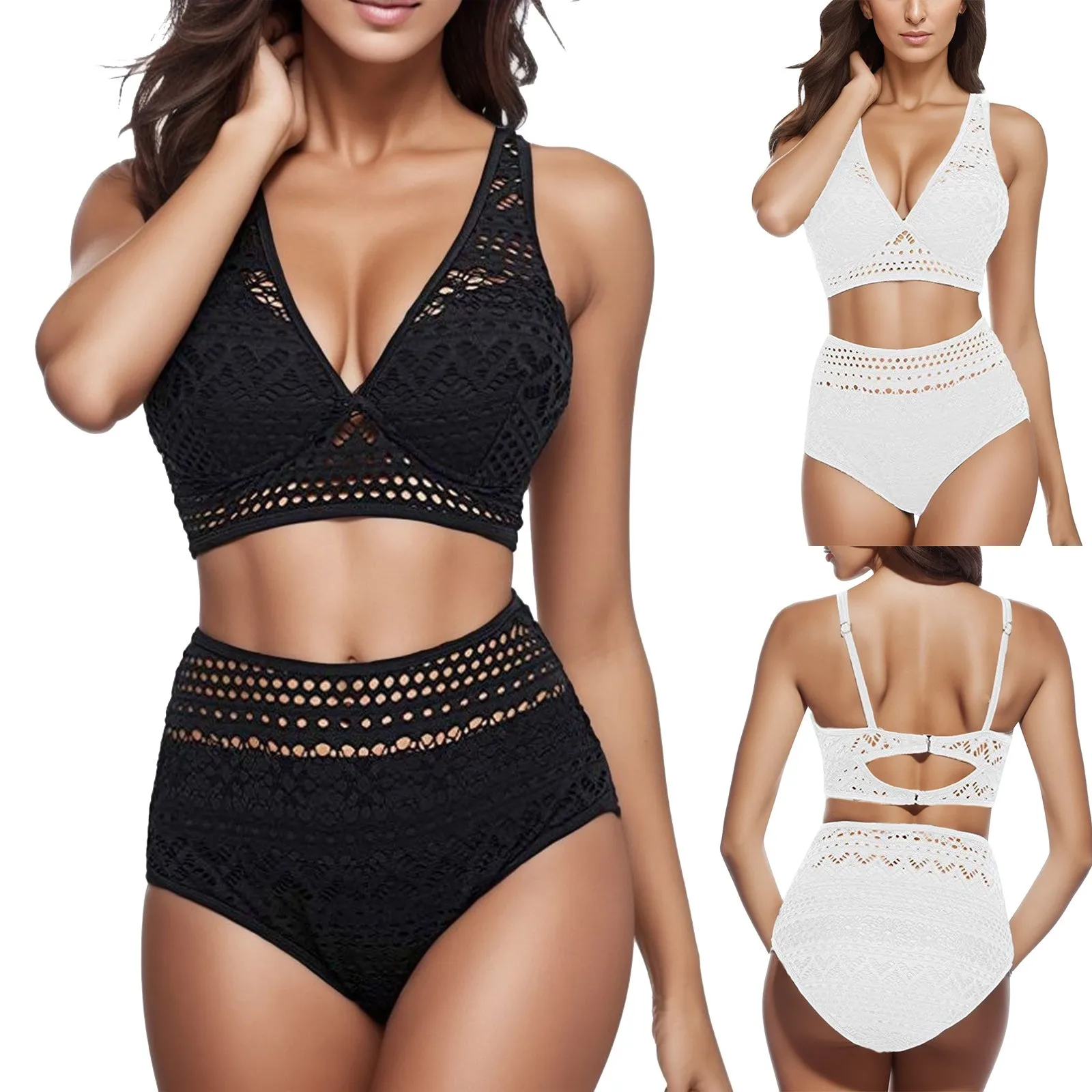 

Summer Swimwear Crochet Two V Set Neck Pieces High Lace Swimsuit Waist Women's Bikini Swimwears Tankinis Set купальник женский