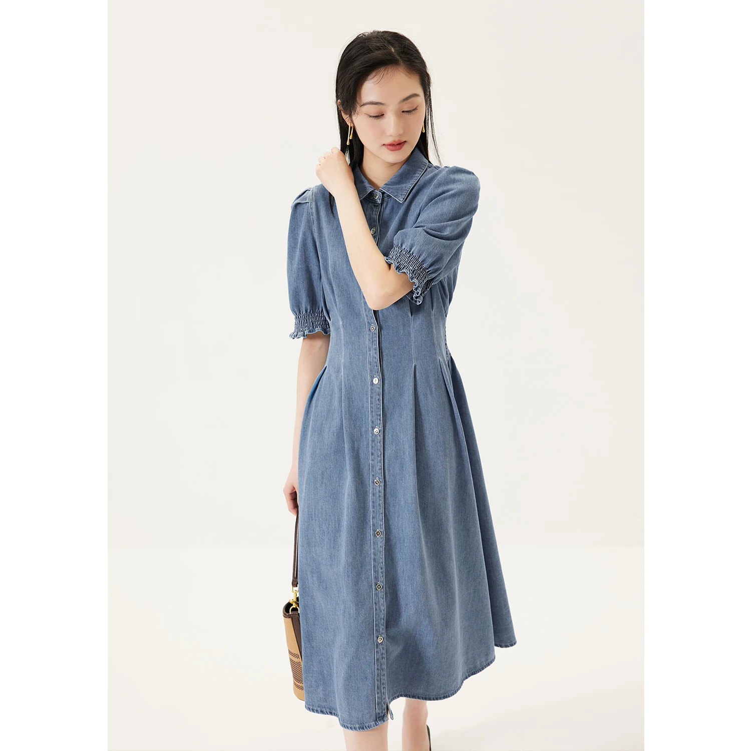 

new cotton slim denim dress women summer vestidos de verano mujer Puff Sleeve Mid-Calf A-LINE Turn-down Collar Single Breasted