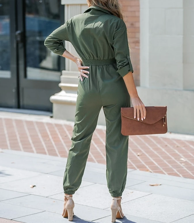 Женский комбинезон модный отложной воротник карман на пуговицах дизайн пряжка