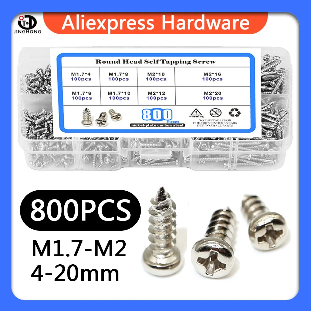 

800PCS/Box Stainless Steel M1.7 M2 Cross Round Pan Head with Washer Pad Collar Self-tapping Wood Screw