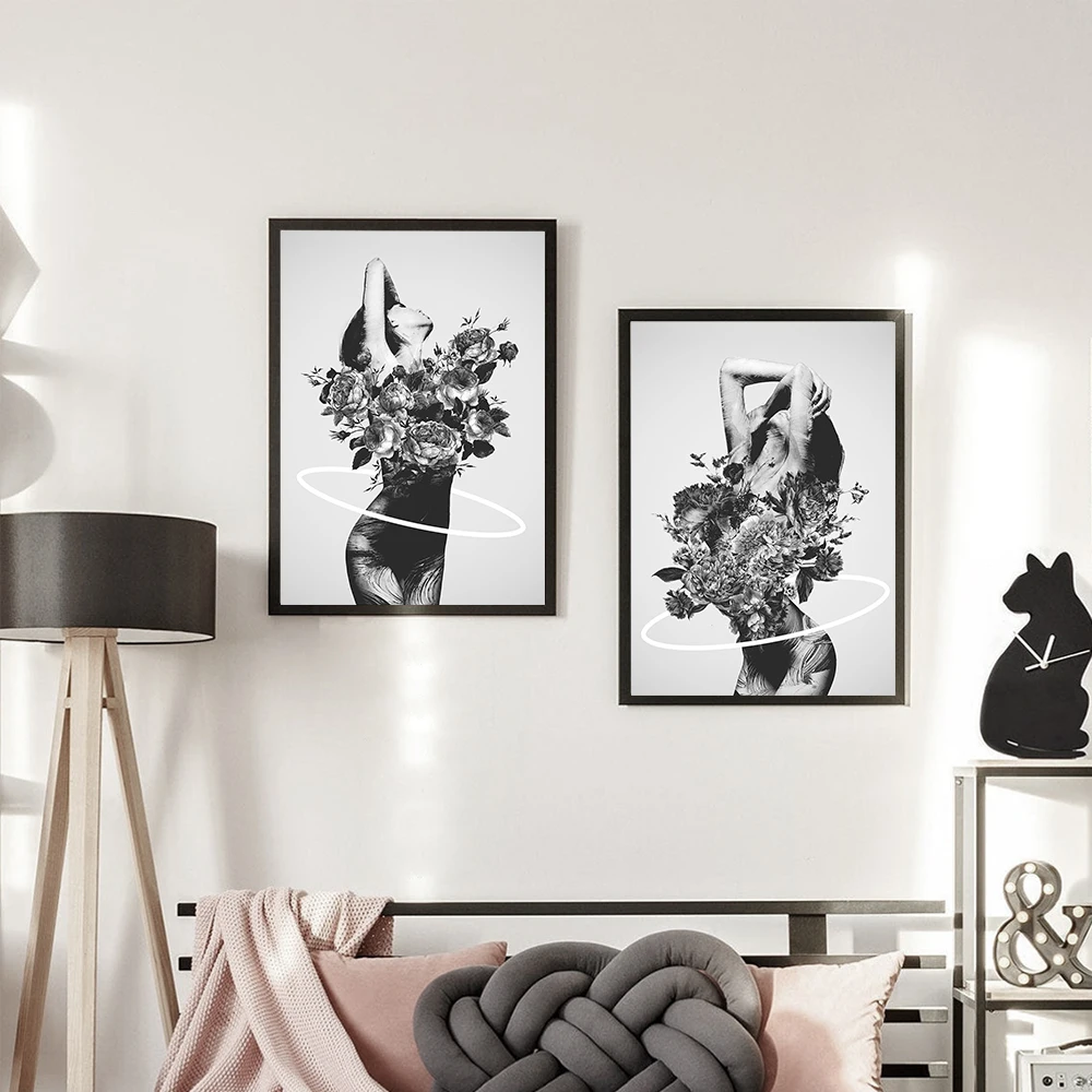 

Black And White Sexy Female Flora Art Canvas Painting Nordic Posters And Prints Abstract Wall Picture for Living Room Home Decor