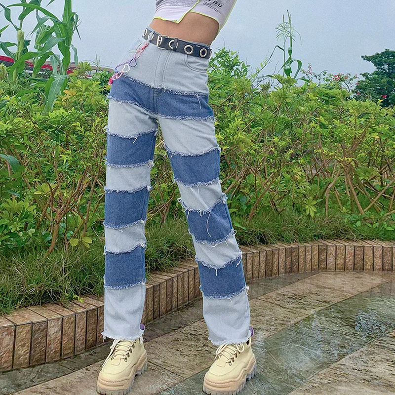 

Women's Patchwork New Y2k Jeans Summer Loose Casual Wide Leg Female Fashion Thin High Waist Slim Cuffs Straight Long Jeans Blue