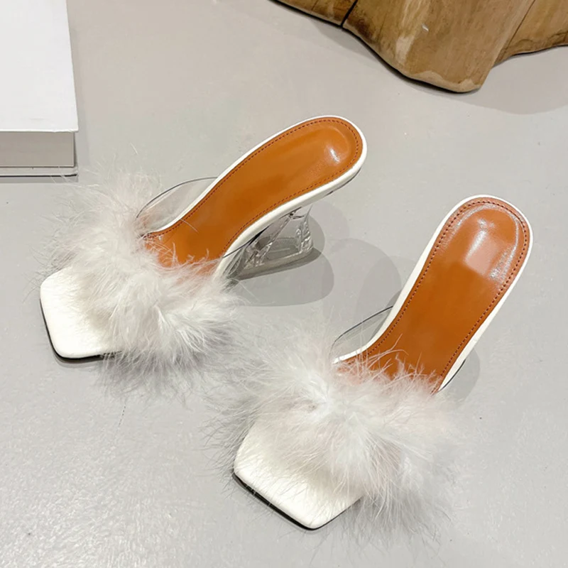 

Sexy Women Slides Transparent Heels Slippers Fashion Fur Feather Summer Sandals Peep Toe Slip-On Clear Shoes Size 35-41