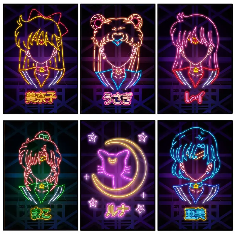 

Sailor Moon Bandai Cartoon Anime Room Decoration Painting Neon Canvas Painting Girl Wall Stickers Poster Printing Clear Unframed