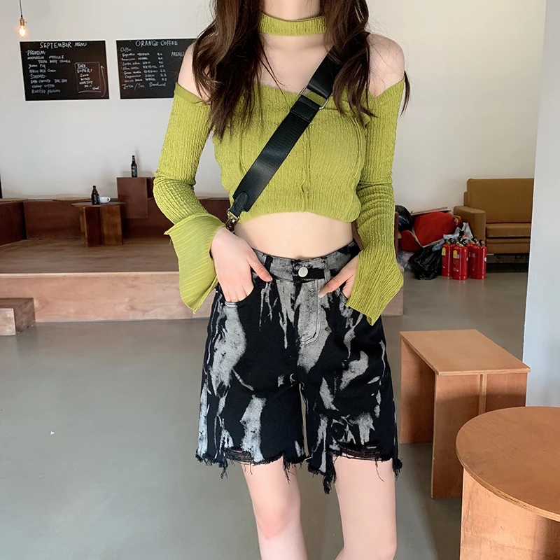 

Black large size denim shorts women's 2022 summer new high-waisted wide-leg five-point pants hot girl ins trendy pants