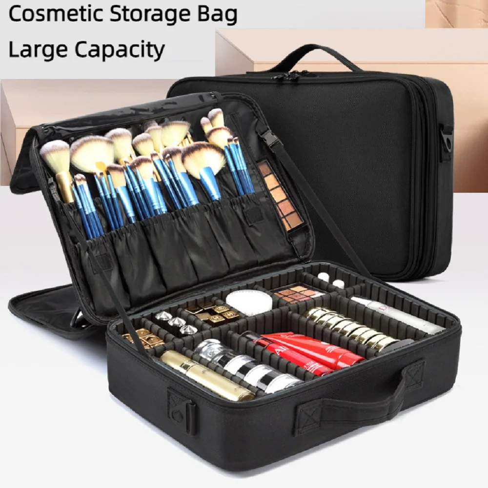 

Портативная дорожная сумка для макияжа с регулируемым разделителем, 1680D Водонепроницаемая вместительная сумка для хранения косметики, черная, размер XS-XL