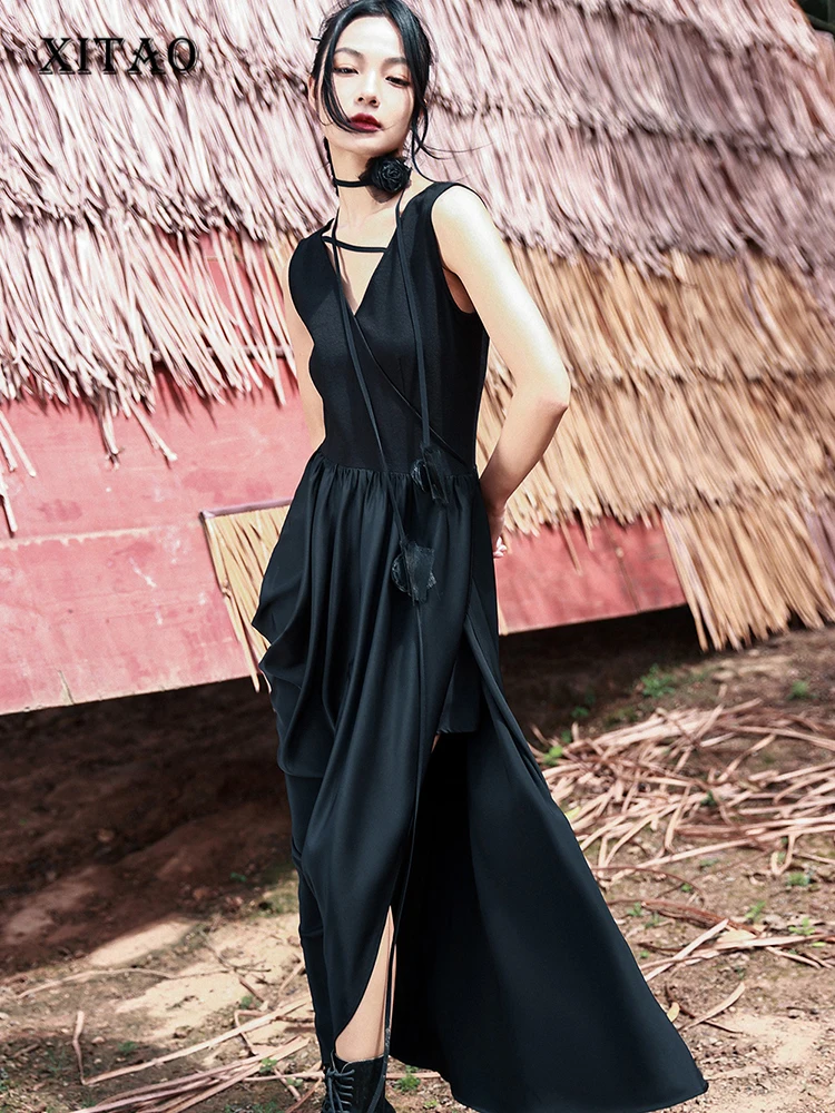 

XITAO Black Irregular Dress Sleeveless Personality Fashion Three-dimensional Flower Lace-up Splicing Decoration Dress HQQ0481
