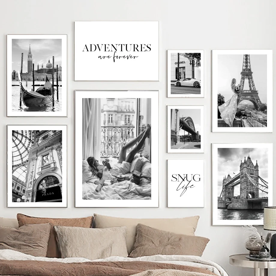 

Black White Paris Tower Bridge Girl Car City Art Canvas Painting Nordic Posters And Prints Wall Pictures For Living Room Decor