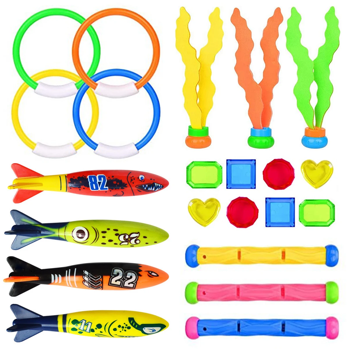 

22pcs Diving Toys for Swimming Training Under Water Treasures Set with Rings Torpedoes Aquatic Plants Long Sticks Gems Swimming