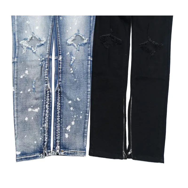 High Quality Men's Ripped Paint Distressed Button Fly Zipper Leg Hip Hop High Street Skinny Jeans