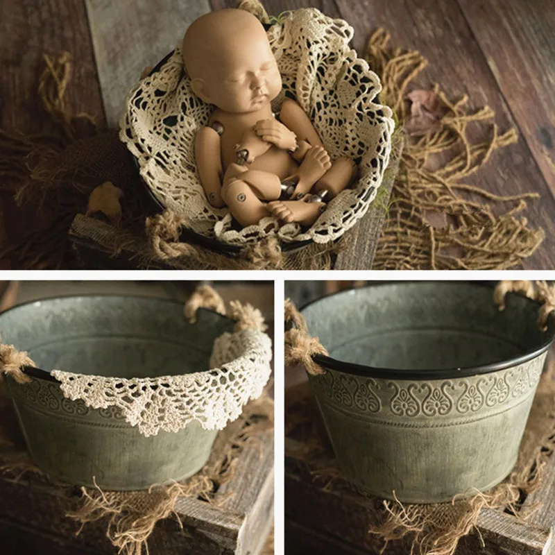 Newborn Photography Props Photography Baby Props Photo Props Baby Studio Accessori Retro Pattern Iron Bucket for Newborn Shoot