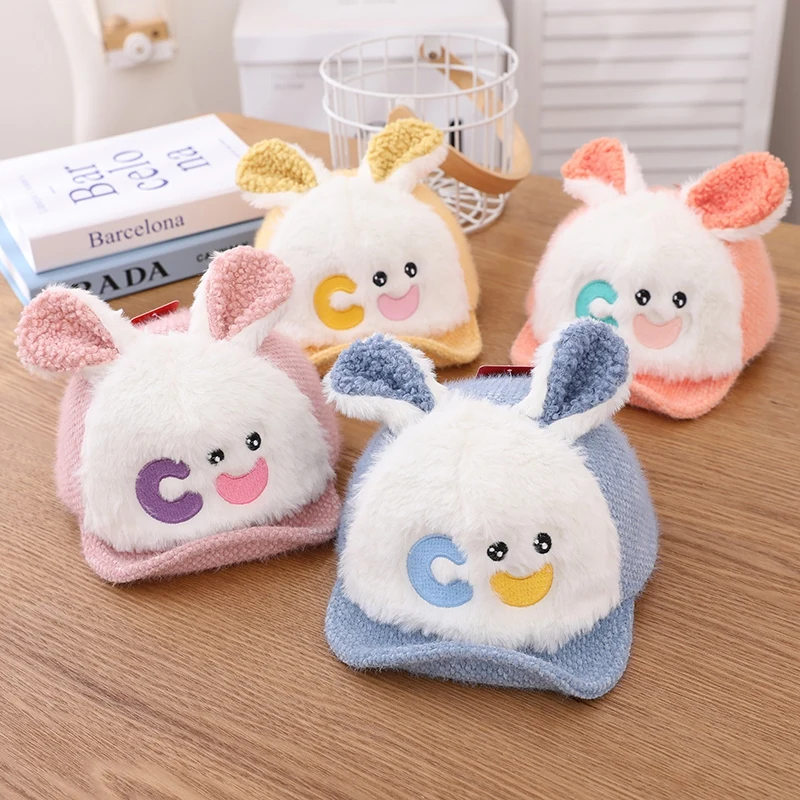 

Cute Plush Baseball Cap With Rabbit Ears Baby Hat Soft BrimToddler Girls Outdoor Adjustable Hats Autumn Winter Warm Infant Hat