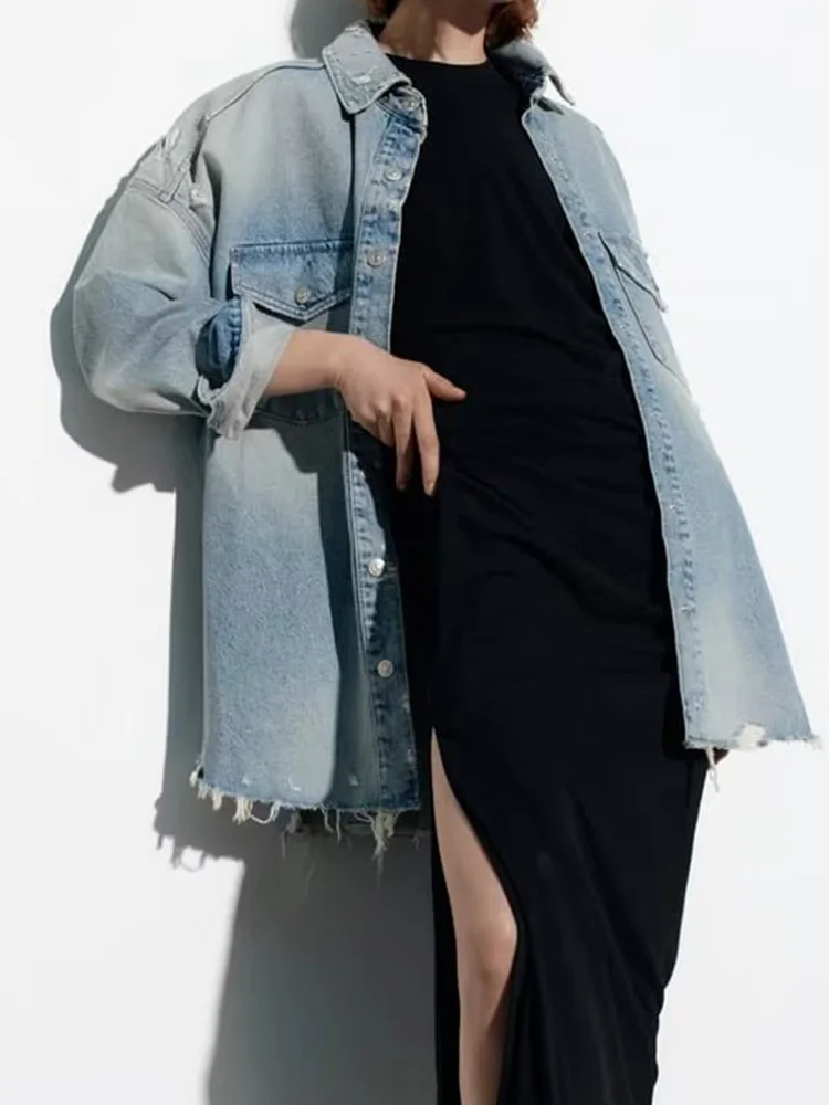 

Kumsvag 2023 Women Spring Denim Jackets Coats Fashion Loose Pockets Hole Turn-down Collar Female Street Jacket Outerwear Clothes