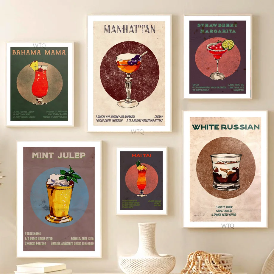 

Retro Wine Glass Cocktail Manhattan Vodka Nordic Posters And Prints Wall Art Canvas Painting Wall Pictures For Living Room Decor