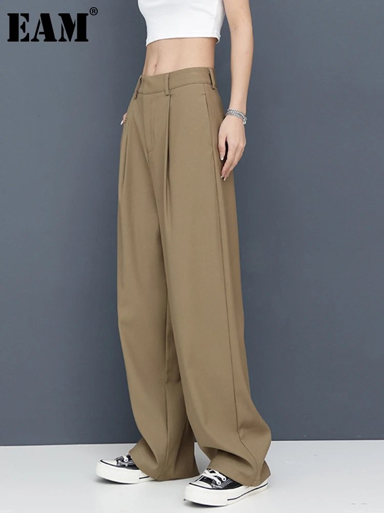 

[EAM] High Waist Coffee Pleated Long Wide Leg Casual Trousers New Loose Fit Pants Women Fashion Tide Spring Autumn 2022 1DE8489